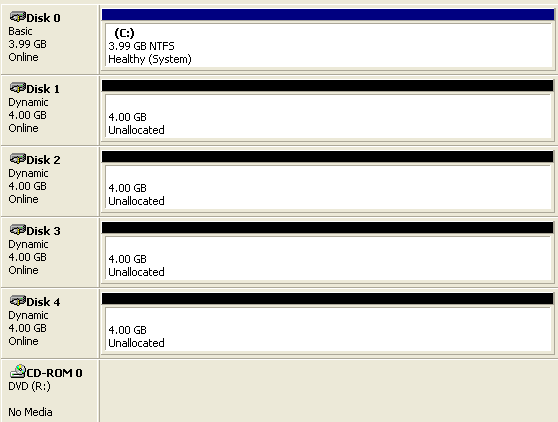 Disk Manager shows our four new disks, with unallocated space on all of them.